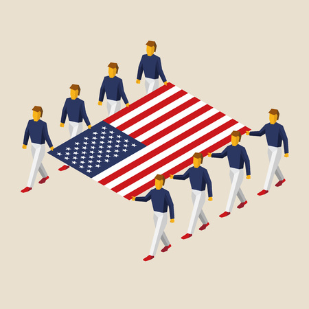 Eight people holding big flag of Americaのイラスト素材