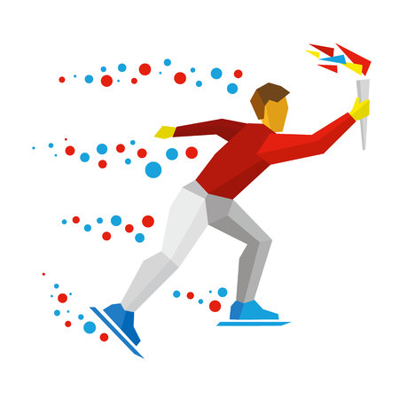Winter sports - skating. Cartoon skater running with international games symbol. Athlete in red runs on skates with torch in hand. Flat style vector clip art isolated on white backgroundのイラスト素材
