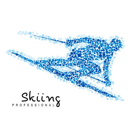 Winter sports skiing. Sportsman rides fast on ski. Athlete silhouette created from dots isolated on white background.のイラスト素材