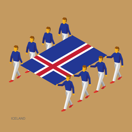 Eight people hold big flag of Iceland. 3D isometric standard bearers. Icelandic sport team. Simple vector illustration for infographic.のイラスト素材