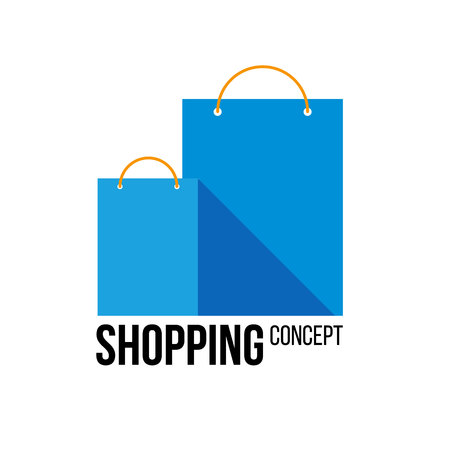 Two blue paper shopping bags with place for text or label. Isolated on white background. Flat vector logo template for shops and stores.のイラスト素材