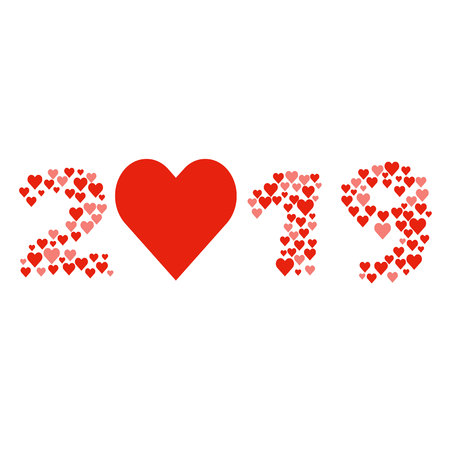 New year 2019 concept - digits created from red hearts. Isolated on white. Lot of love symbols, romantic concept. Design element for card or poster.のイラスト素材