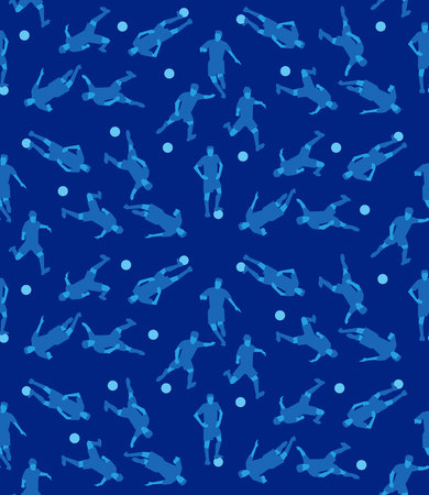 Seamless football texture. Blue background with figures in different poses. Soccer player vector players flat clip art.のイラスト素材