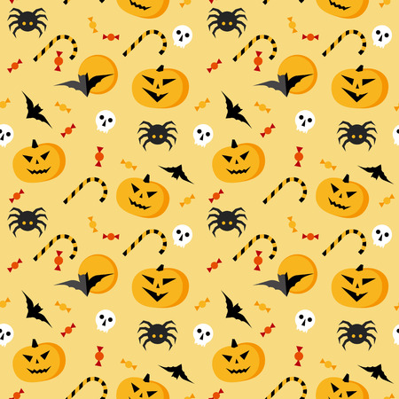 Seamless halloween vector pattern. Yellow texture with traditional horror elements: pumpkins, bats, sculls, spiders and candies. Simple geometric style clip art.のイラスト素材