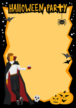 Halloween frame in black and orange. Template for party poster or card with traditional horror pumpkins and bats. Vampire with wineglass in the corner. Simple style vector clip art.のイラスト素材
