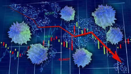 Hi-tech background - stock diagrams with falling arrow and coronavirus.の写真素材