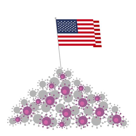 Coronavirus concept. Heap of viruses and USA flag at the top. Victory over the disease. Vector clip art isolated on white background.のイラスト素材