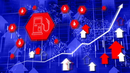 Fuel prices increasing concept - hi-tech background with petrol pump sign and rising graph.の写真素材