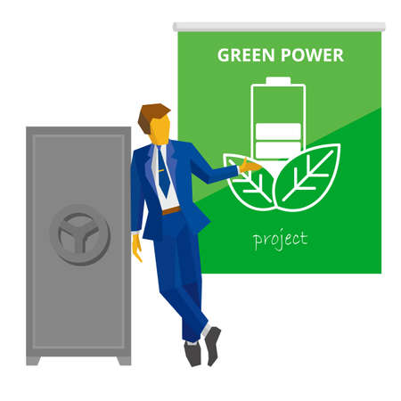 Businessman stands near the closed safe and show poster about green power.のイラスト素材