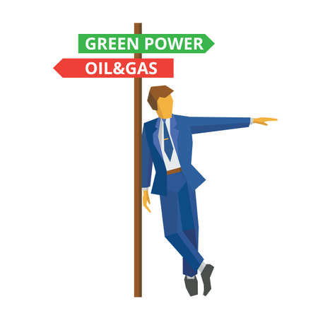 Businessman standing near pointer with text about oil, gas and renewable power.のイラスト素材