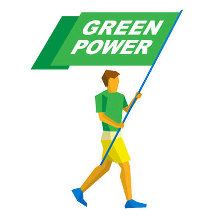 Flag bearer in green and yellow holding standard with words Green Power. Eco friendly energy concept.のイラスト素材