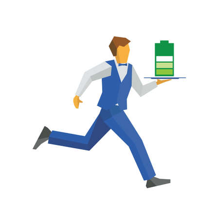 Waiter in blue vest and trousers runs with a big green battery. Funny green energy conceptのイラスト素材