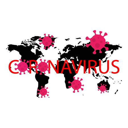 World map flat sign icon and coronavirus bacteria signs and coronavirus inscription. Vector illustration eps 10.のイラスト素材