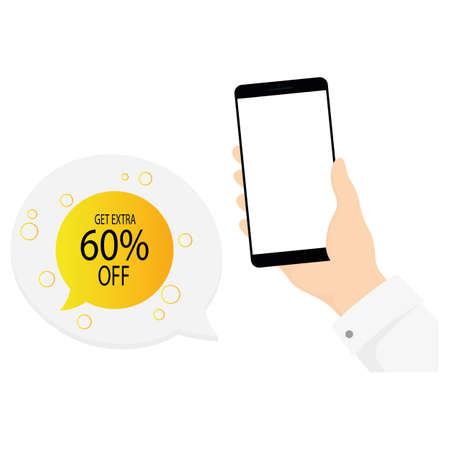 Sign icon man holding phone in hand, discount banner. Vector illustration eps 10.のイラスト素材