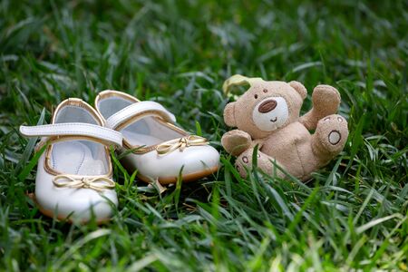 White children shoes and a beige bear lying on the grass.の写真素材