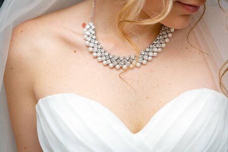 The bride in a white wedding dress with a veil and a silver necklace.の写真素材