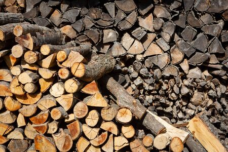 Dried logs for kindling furnace stacked on top of each other.の写真素材