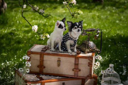 Chihuahuas with Vintage Phone on Suitcases in Gardenの写真素材