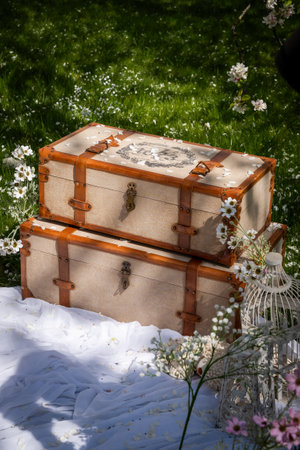 Vintage Trunks Surrounded by Spring Flowers Outdoorsの写真素材