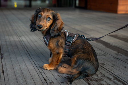 Adorable Dachshund Puppy Sitting on Leash Outdoorsの写真素材