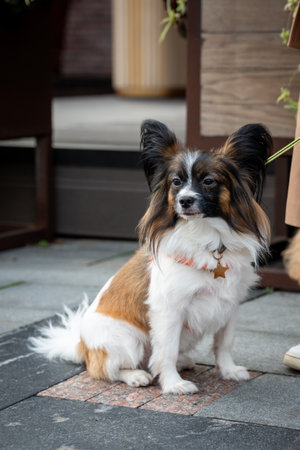 Cute Papillon Dog Sitting Outdoors with Alert Expressionの写真素材