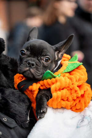 French Bulldog in Pumpkin Costume at Outdoor Eventの写真素材
