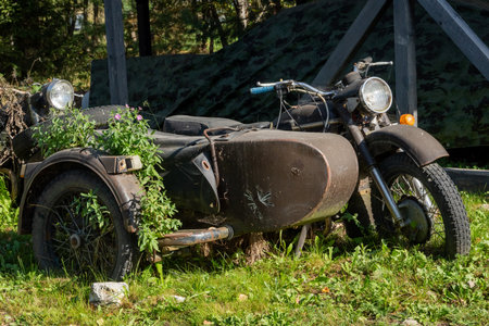 Abandoned Vintage Motorcycle Sidecar Overgrown with Plantsの写真素材