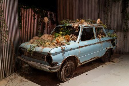 Abandoned Car Overgrown with Plants in Rustic Setting