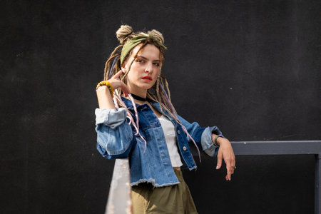 Stylish Woman with Dreadlocks Posing Confidentlyの写真素材