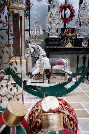 Festive Rocking Horse in Elegant Christmas Settingの写真素材