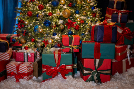Christmas Tree with Colorful Gifts and Ornaments