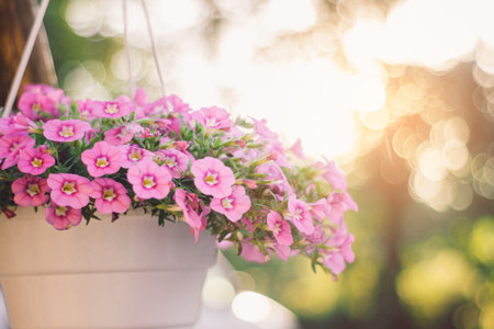 Baskets of hanging petunia flowers with empty space for text. Blured bokeh background with sunshine.の写真素材