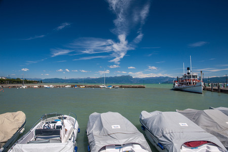 Panorama of the harbor, Lake Garda, Italyのeditorial素材
