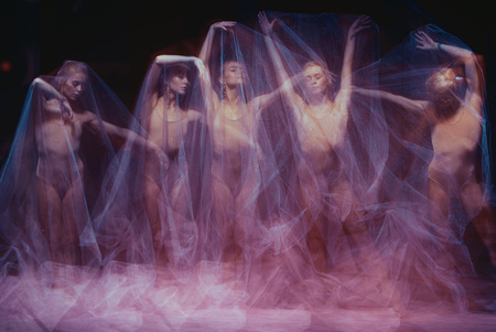 photo as art - a sensual and emotional dance of beautiful ballerina through the veil on a dark...