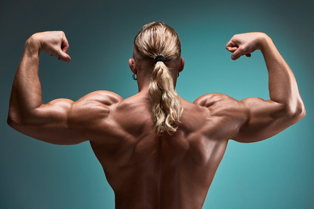 back view of torso of attractive male body builder on blue background.の写真素材