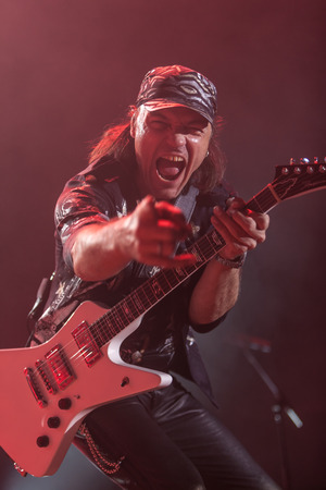 DNIPROPETROVSK, UKRAINE - OCTOBER 31: Matthias Jabs from Scorpions rock band performs live at Sports Palace SC "Meteor".  "Final tour" concert on October 31, 2012 in DNIPROPETROVSK, UKRAINEのeditorial素材