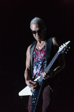 DNIPROPETROVSK, UKRAINE - OCTOBER 31: Rudolf Schenker from Scorpions rock band performs live at Sports Palace SC "Meteor".  "Final tour" concert on October 31, 2012 in DNIPROPETROVSK, UKRAINEのeditorial素材