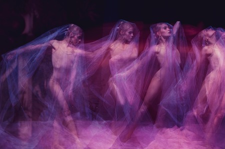 a sensual and emotional dance of beautiful ballerina through the veil on a dark backgroundの写真素材