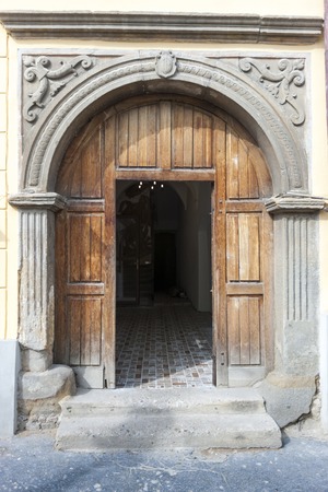 Traditional wooden door in the town, Slovakia, Europeの写真素材