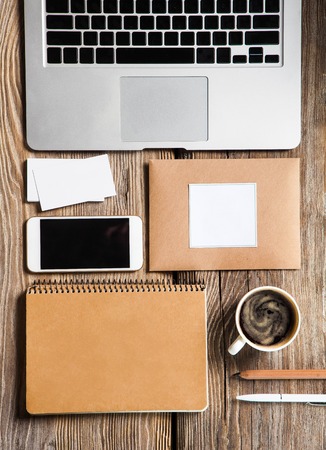 The responsive design mockup on wooden backgroundの写真素材