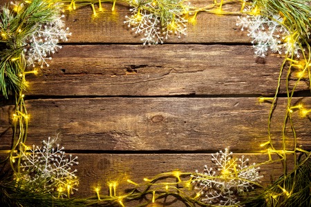 The wooden table with Christmas decorations with copy space for text. Christmas mockup conceptの写真素材