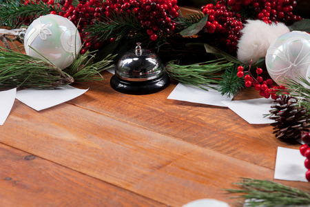 The wooden table with Christmas decorations with copy space for text. Christmas mockup concept