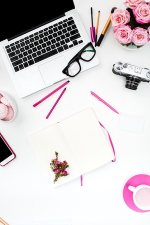 Still life of fashion woman,  top view of fashion woman objects on white. Concept of female mockupの写真素材
