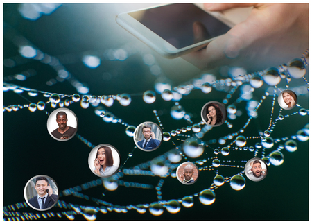 Hand holding modern mobile phone and web subscribers. Social media conceptの写真素材