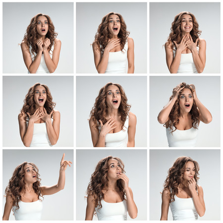 The set of portraites of young woman with shocked facial expression  over gray background