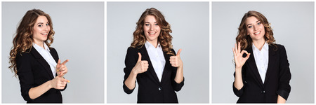 The collage of young woman's portrait with happy emotions on gray background
