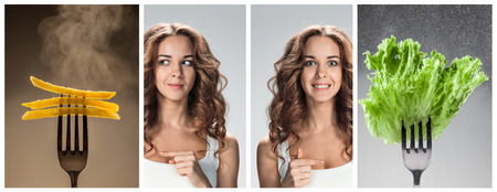 The collage of young beautiful woman with healthy and harmful meal. Detox diet and vegetarianism.の写真素材