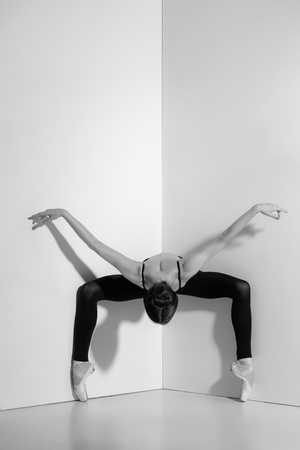 Ballerina in black outfit posing on pointe shoes, studio gray background.の写真素材