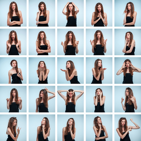 Set of young woman's portraits with different emotions on gray backgroundの写真素材