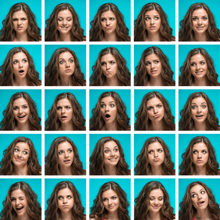 The set of young woman's portraits with different happy emotions